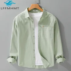6131 Japan Fresh Style 100% Cotton Men's Casual Shirt Spring Fashion Solid Color Pocket Patchwork Long Sleeve Slim White Blouses
