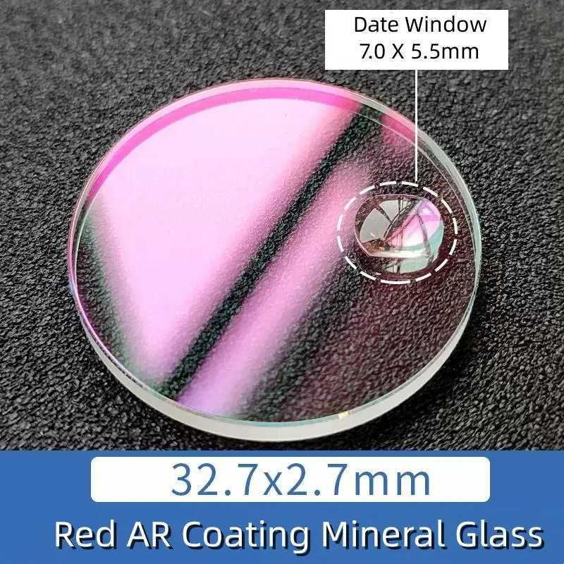 Red Hue Date Window Watch Glass Round Flat Mineral Timepiece Crystal with Bubble Magnifier for Watch Repair Parts for MDV-106