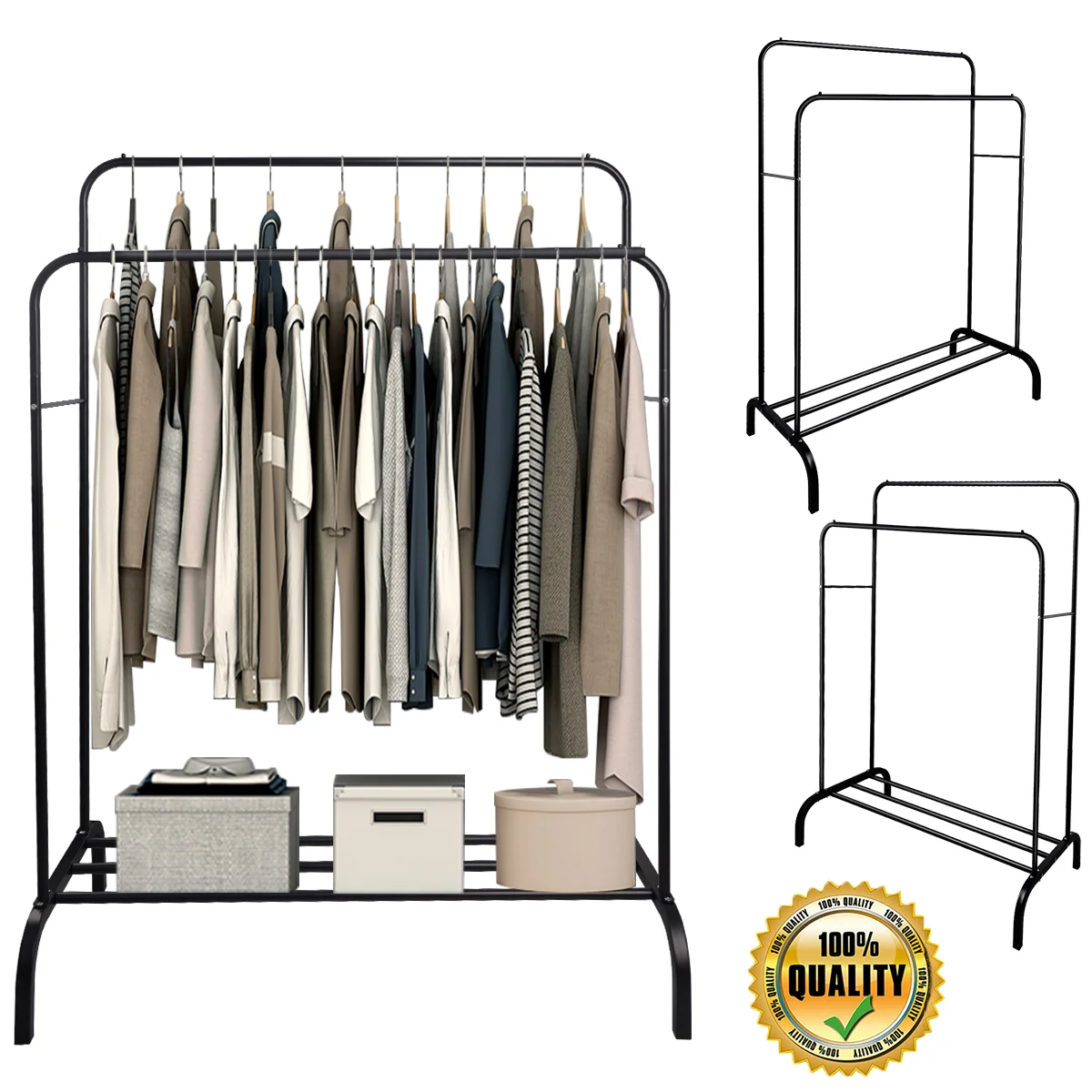 Sturdy Metal Double Rodding Clothes Rack Portable Clothing Rack, Garment Racks, Multi-Functional Closet Rack for Bedroom, Black