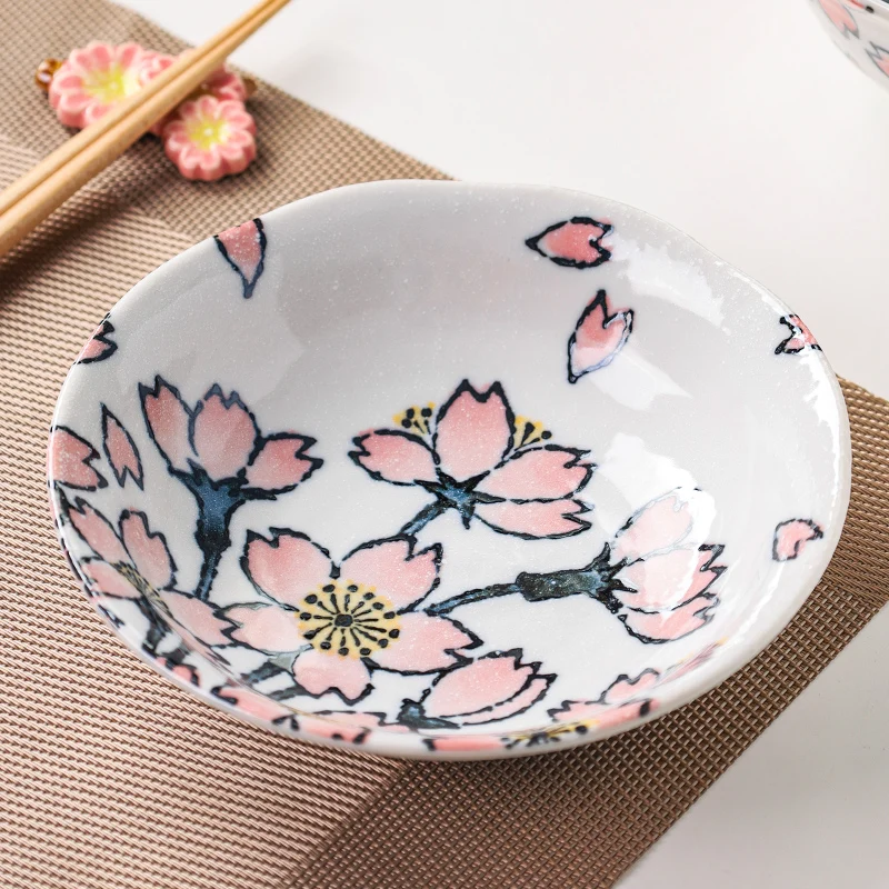 Plato de Cerámica Estilo Japonés, Tazón de Arroz Sakura, Plato para Empanadillas, Juego de Vajilla, Apto para Lavavajillas, Forma Redonda, Diseño Floral