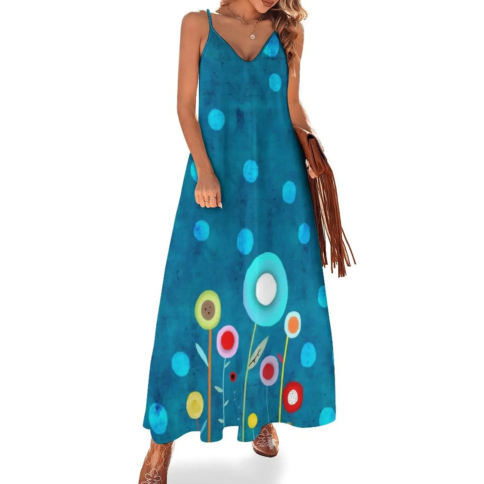 

Turquoise Polka Dots Sleeveless Dress women long dresses beach dresses