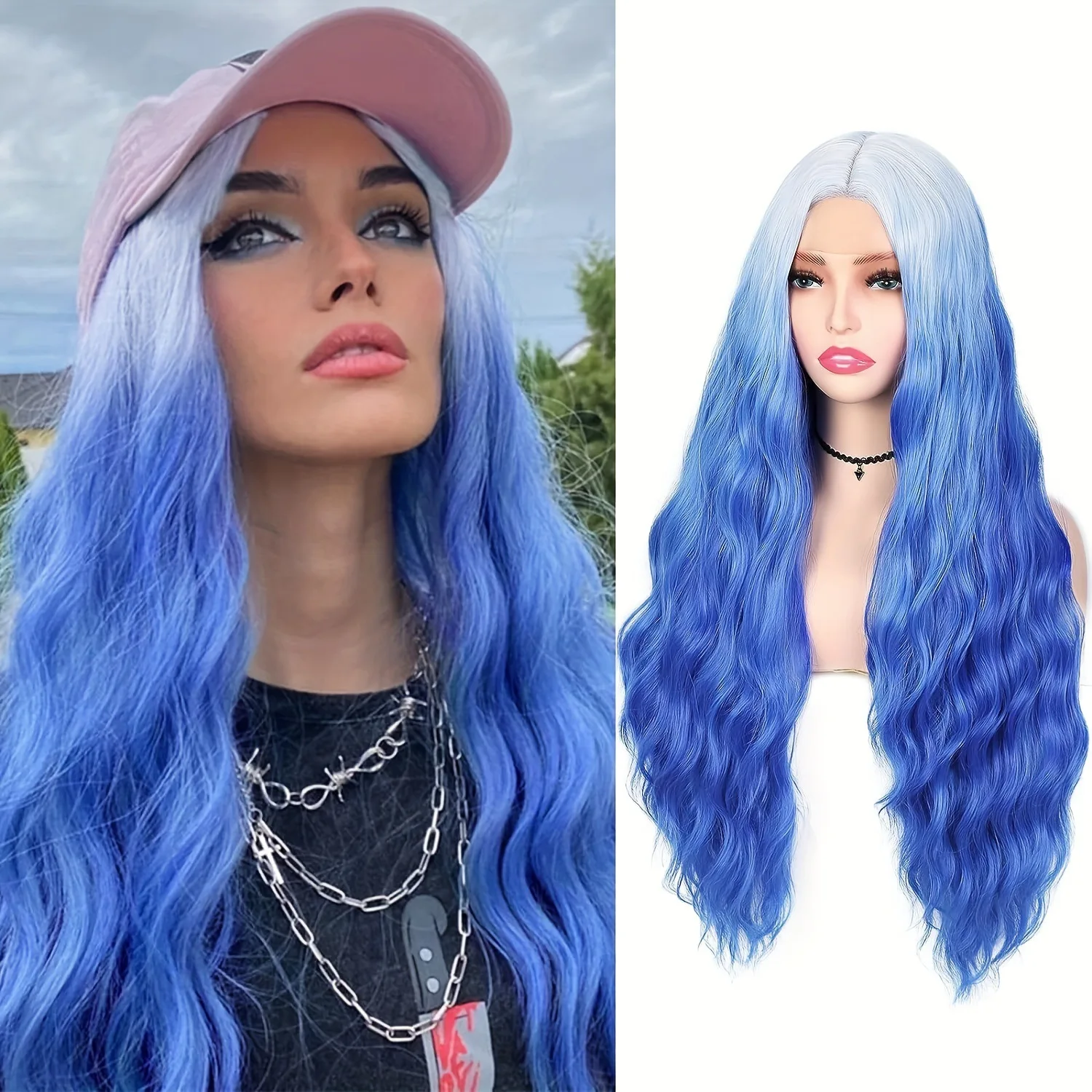 Ombre Blue Long Wavy Blue Wigs For Women 28 Inch Natural Wave Curly Lace Part Wigs Synthetic Wig For Daily Or Halloween Party