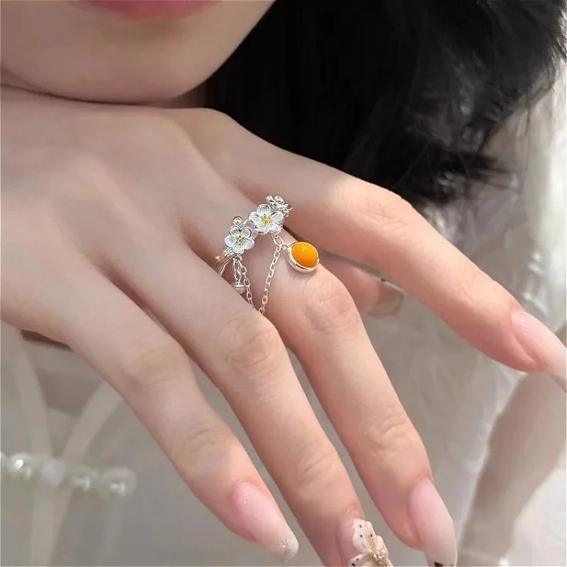 

925 Sterling Silver Stereoscopic Flower Tassel Gardenia Petals Pearl Plant Ring for Women Fine Jewelry Minimalist Accessories