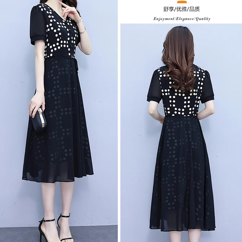 Women Chiffon Dresses Summer Female V Neck Short Sleeve Large Size Elegant Dot Printed Calf Length Black Fake Two Pieces Vestido