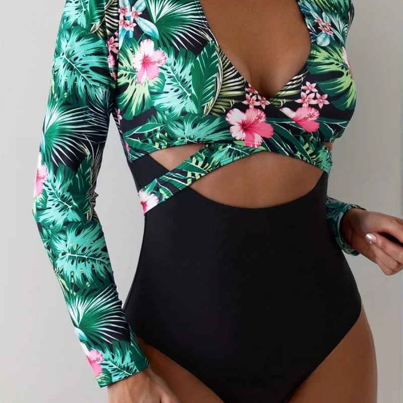 

New one-piece long-sleeve surfing suit, sun protection swimsuit for women, tropical print diving suit, sexy swimwear