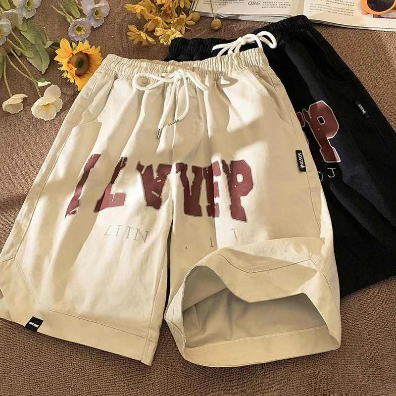 

American Retro Letter Print Workwear orts Men Summer Trendy Loose Vintage Casual Five-Quarter Pants Youth Active Sle