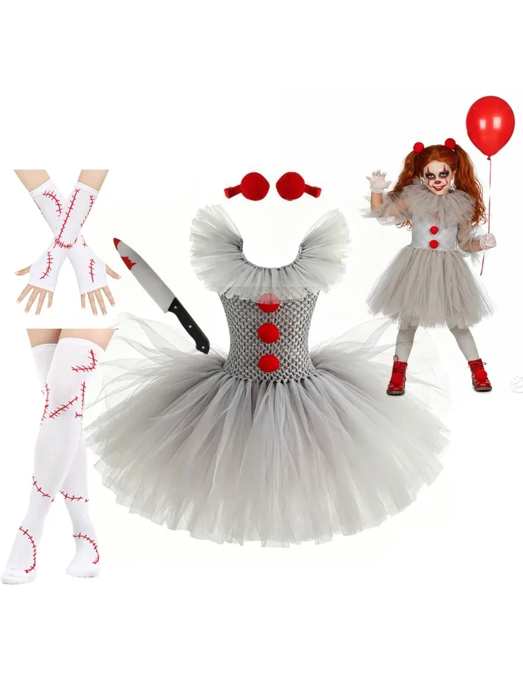 Pennywise-inspiriertes Schreckliches Kreatur It Clown Tutu-Kleid Kinder Joker Cosplay Kostüm mit Haarnadel Handschuhen Mädchen Halloween-Kleidung
