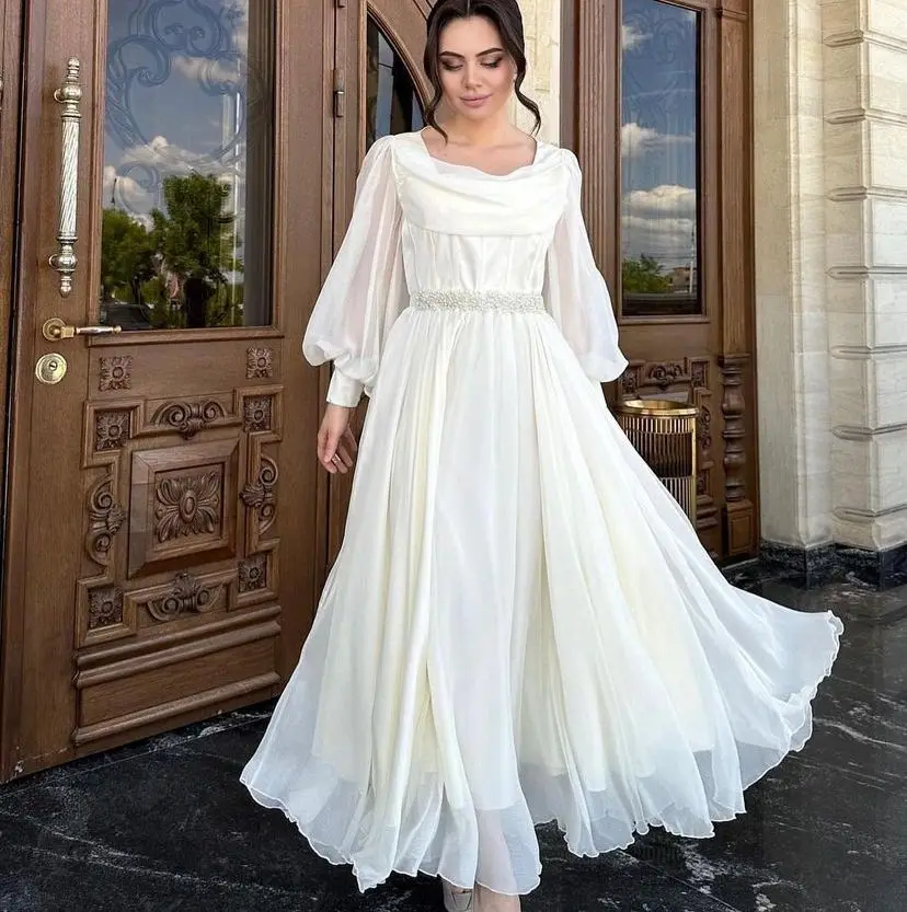 

White Elegant Wedding Party Dress Square Neckline Floor Length Long Sleeves Evening Dresses For Special Events Formal Occasion