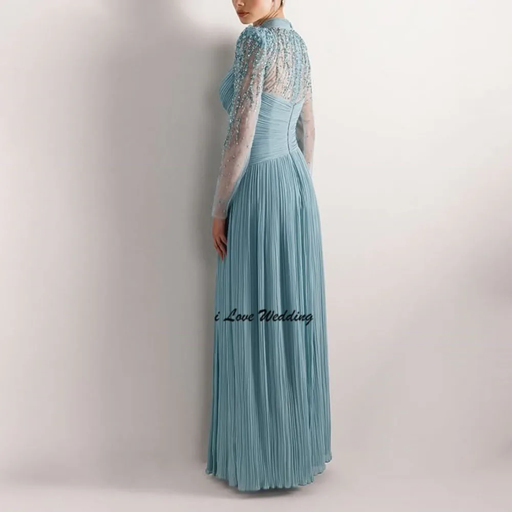 

2026 Graceful High Neck Chiffon A-line Pleated Long Illusion Sleeve Evening Dress Beaded Long Party Gown with Flowers Customized