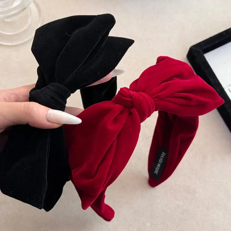 Rot-schwarzes Samt-Stirnband mit breiter Schleife für Mädchen und Frauen, Winter-Haarband, modisches, temperamentvolles Neujahrs-Haar-Accessoire【AliS8】 – Detail 2