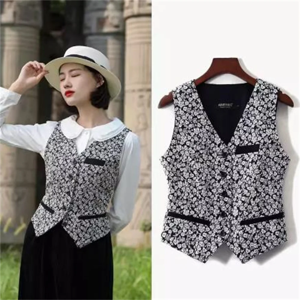 

New jacquard waistcoat floral V-neck single breasted contrasting color vest for women