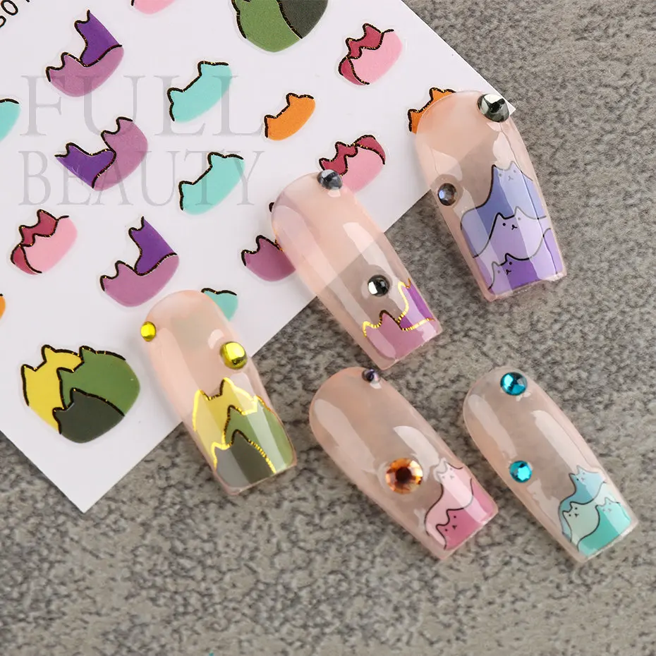 Cute Cats Nails Stickers Morandi Macaron Colors Sliders Cartoon Beans Emoticons Rainbow Painting Summer Manicure Decal STZ-YB012