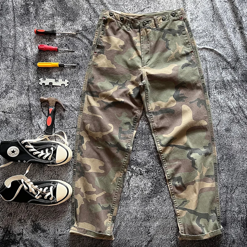 

2025 Autumn American Rerto Woven Camouflage Cargo Pants Men's Amekaji 97% Cotton Washed Straight Casual Multi Pocket Trousers