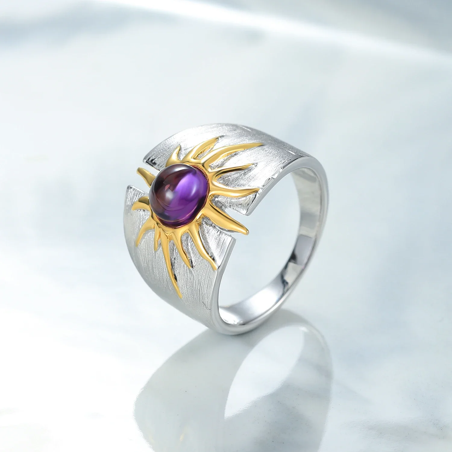 GEM'S BALLET 925 Sterling Silver 6mm 0.81Ct Natural Amethyst Birthstone Ring Handmade North Star Elements Rings Gift For Her