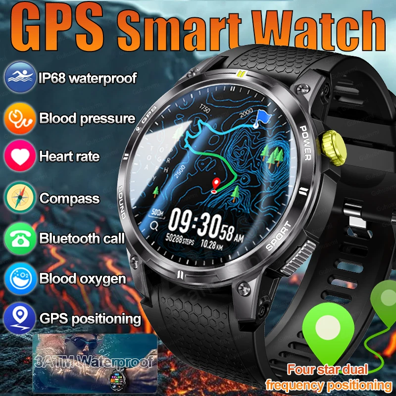 

Новые мужские часы для здоровья, военный компас, GPS-позиционирование, водонепроницаемые умные часы 3ATM, пульсометр, кровяное давление, Bluetooth, умные часы с вызовом