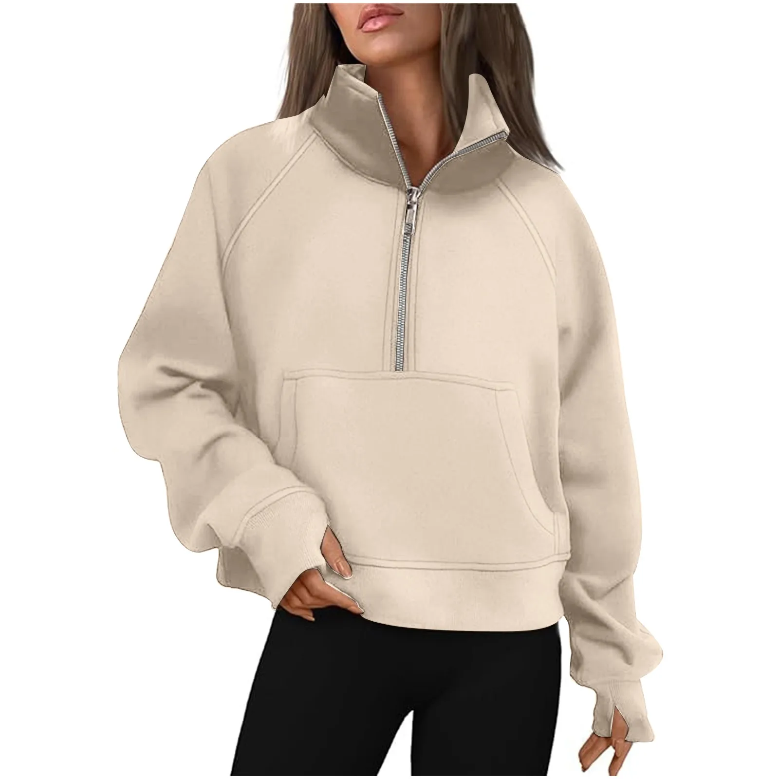 Women's Half Zipper Stand Up Collar Sweatshirt Female Autumn Winter Solid Color Yoga Wear Loose Fit Women Pullover Fleece