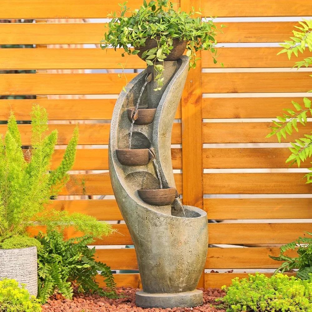 

Water Fountain Outdoor Garden Decor, 39" Floor Standing 4-Tier Bowl Outdoor Fountains and Waterfalls with LED Lights for Garden