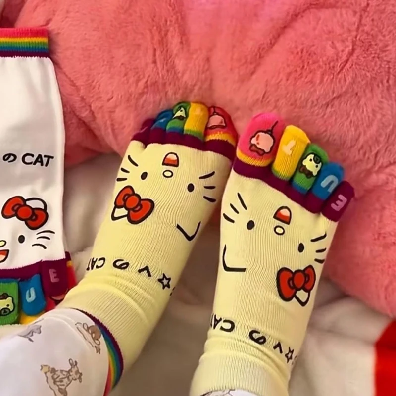 Fun Rainbow Harajuku Girl Hello Kitty Five Finger Socks Vintage Cute Kawaii Mid-calf Socks Charming Birthday Gift