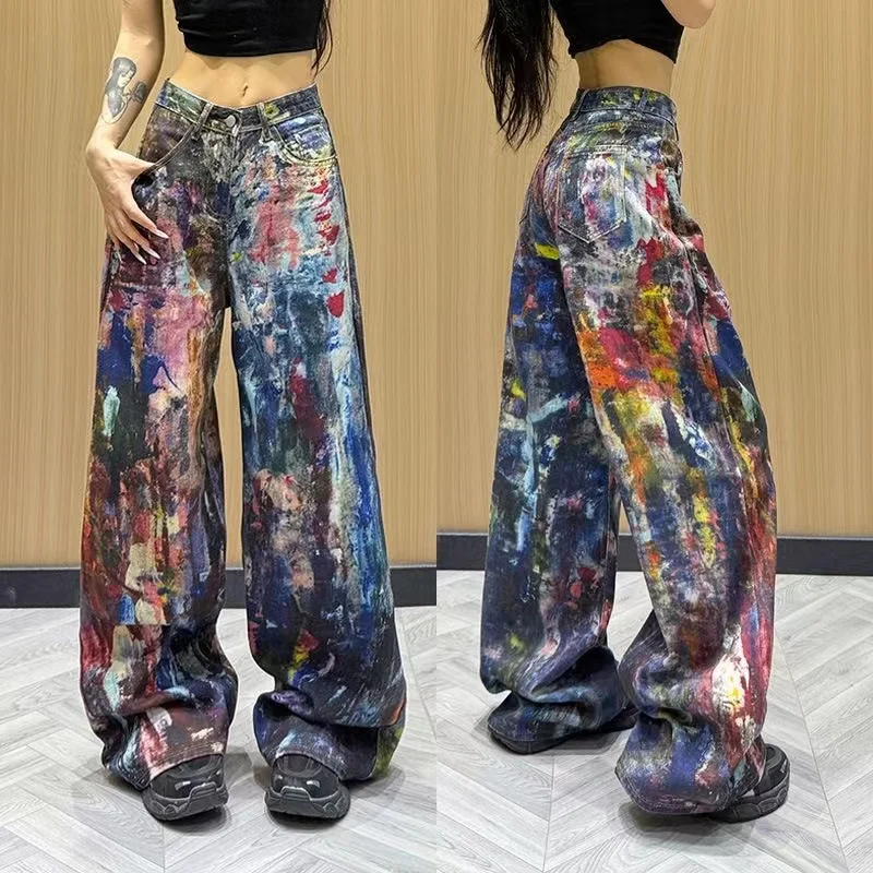 

Fashion 3D Printed Wide Leg Curved Jeans Women's High Waist Loose Blue Streetwear Denim Pants New Tide Summer New