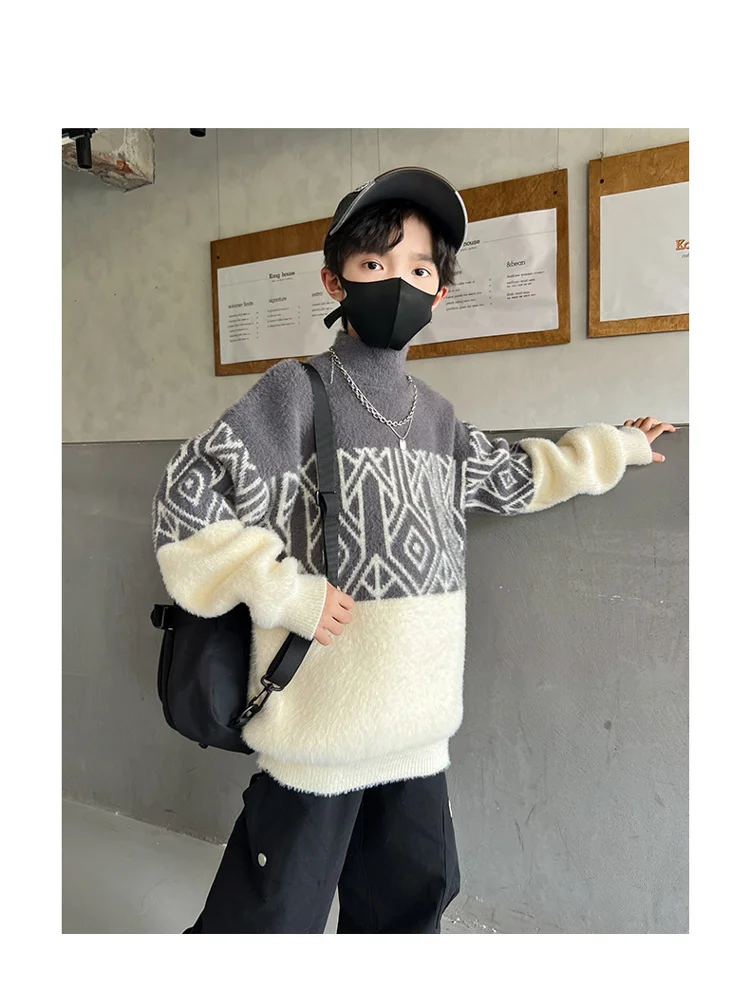 Frühlingsmode Jungen Nerzpullover für 5-14-Jährige Kinder Geometrische Strickwaren Eleganter Halbrollkragen Gestrickte Kleidung – Detail 4