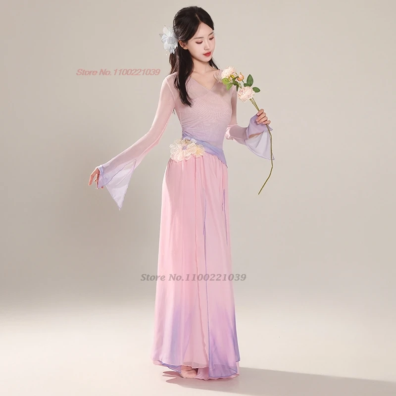 2025 زي الرقص الشعبي الصيني التقليدي المتدرج اللون هانفو الرقص الشعبي الشرقي ممارسة مرحلة الأداء ملابس الرقص