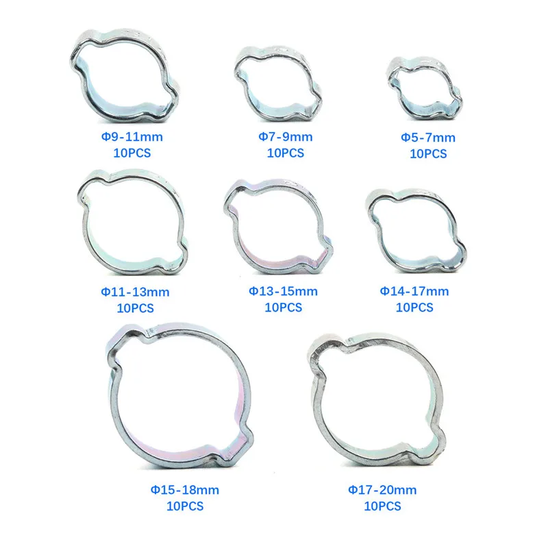 10Pcs Hose Clamp 5-20mm Double Ears House Clamp Worm Drive Fuel Water Hose Pipe Clamps Clips Hose Fuel Clamps 8 Sizes