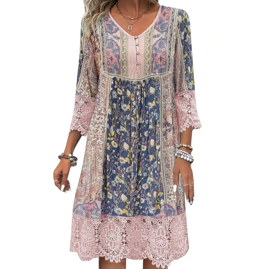 

【New style】Womens V Neck 3/4 Sleeve Summer Dress Half Button-Up V Neck Lace Trim Vintage Flower Print Hollow Out Mini Dress