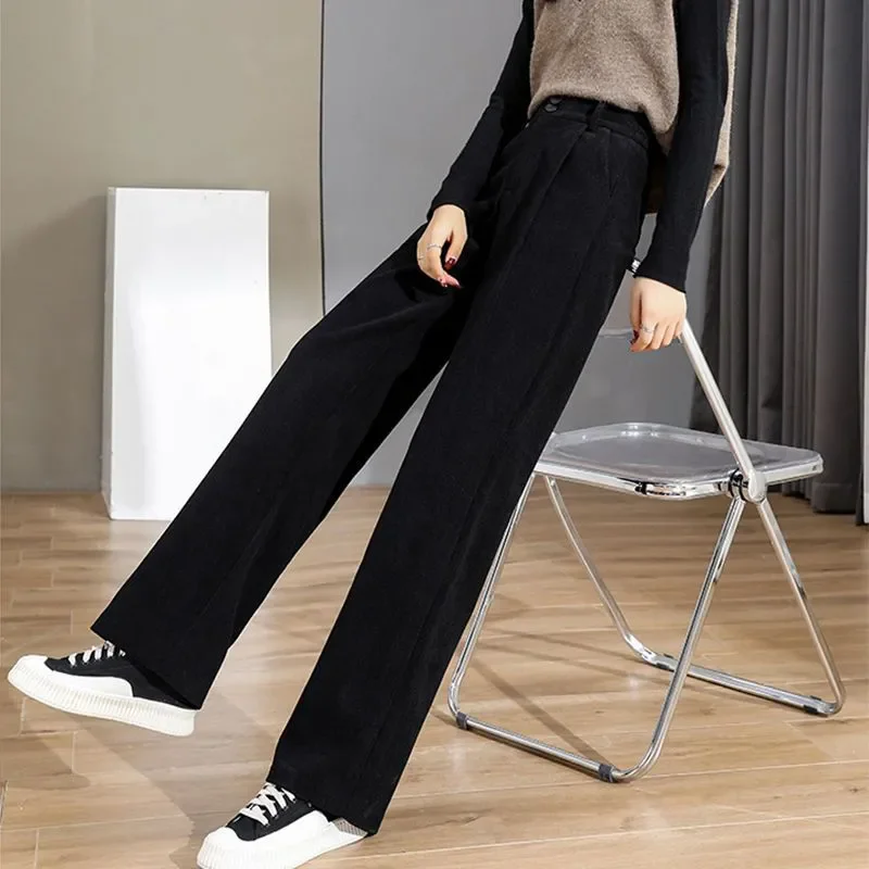 

High Waist Suits Pants for Women 2024 Fall Winter Casual Solid Loose Wide Leg Pants New Fashion Thicken Corduroy Pant
