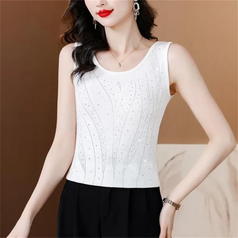 Summer Sleveless Top Women Camisole Tank Top for Women\'s Vest Fit Slimming Bottom Top Outer Solid Color Sexy Hot Diamond Tees