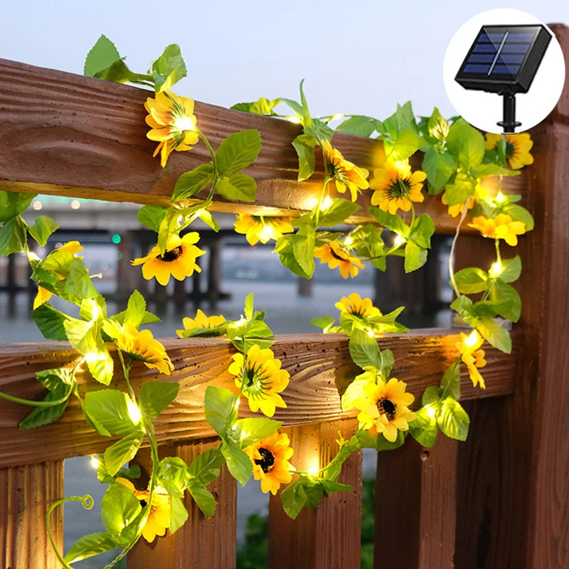 

E2 Solar Lights Artificial Sunflower Rose String Light Garland Fairy Solar Lamp Green Leaf Vine Light Garden Party Room Decor