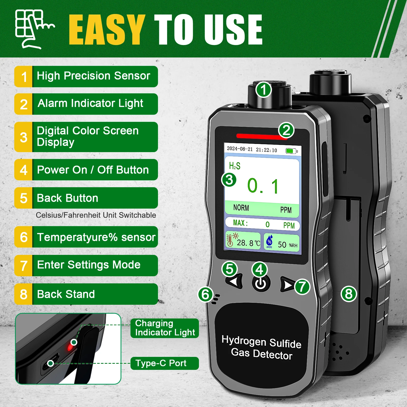 Hydrogen Sulfide Gas Detector 0-100 PPM with 3 Alarm Modes, 16H Long Battery Life, H2S Air Quality Meter with Temp & Humidity Te