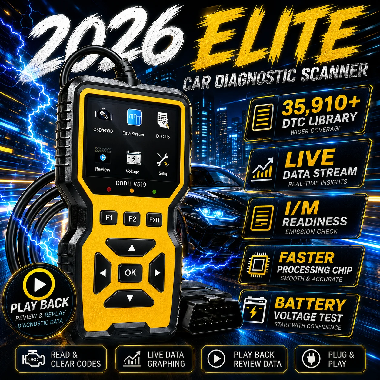 Car Obd2 Scanner Diagnostic Tool Code Reader, Car Voltage Tester Engine Fault Code Scanner, Charging Tester Diagnostic Tool V519