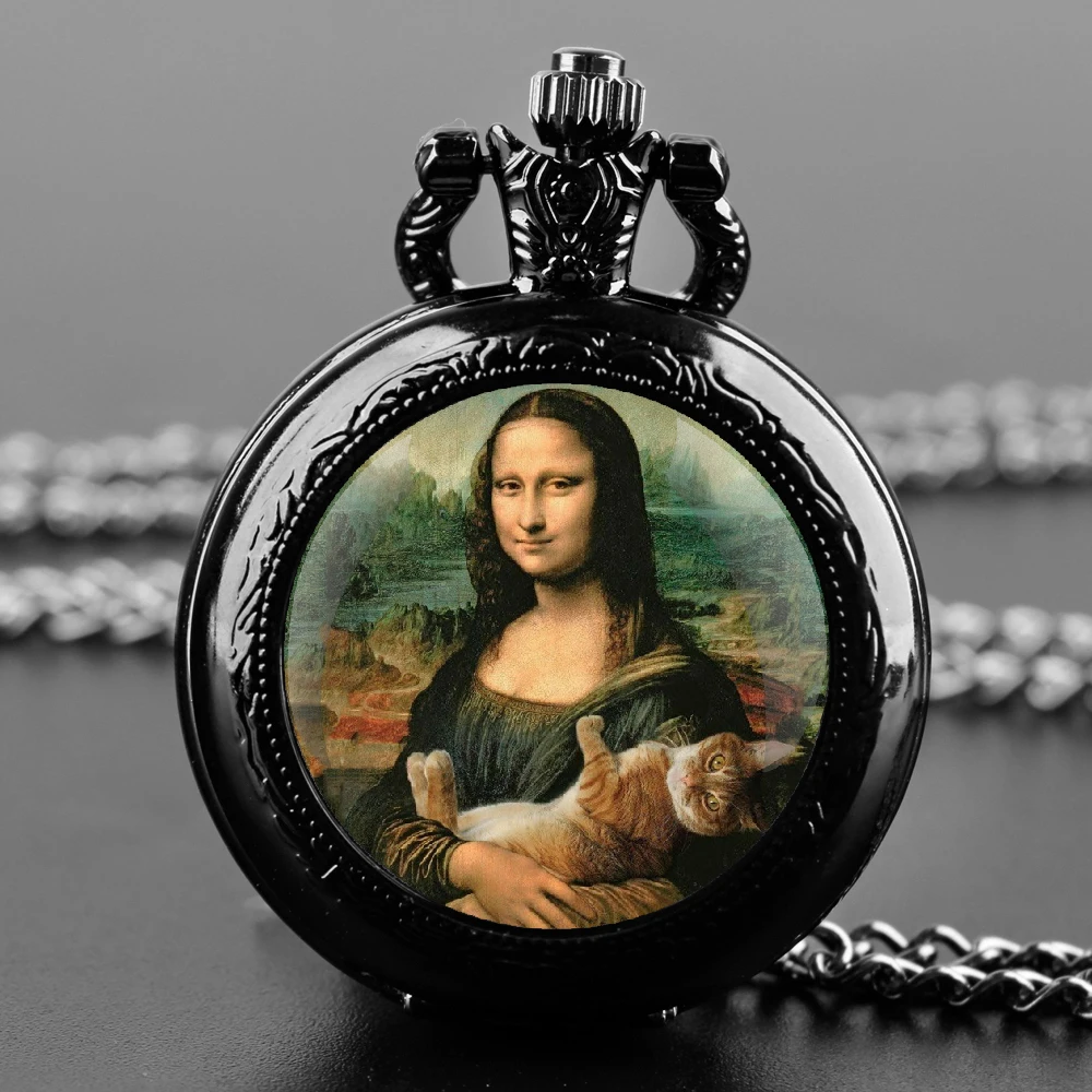 クリエイティブ面白いモナ猫デザインヴィンテージクォーツ懐中時計女性男性腕時計ペンダント時計ネックレスジュエリー誕生日ギフト