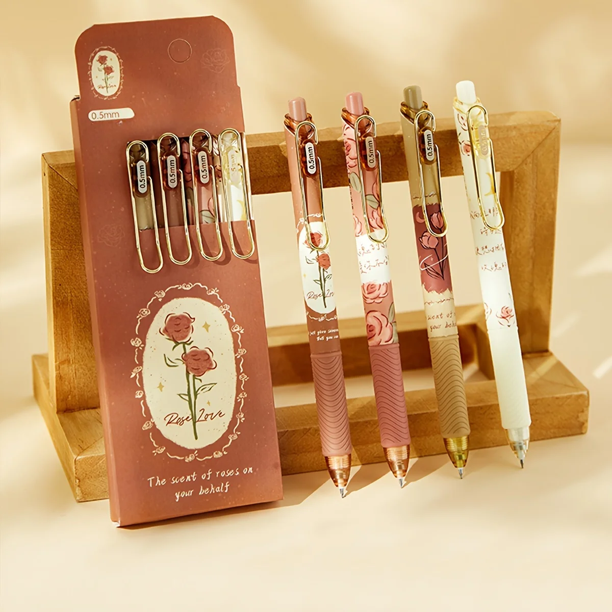 4pcs Retro Rose Gel Pen Set, Quick-Dry Ink & Retractable Design, 0.5mm Fine Tip for Smooth Writing, Ideal for Office/school Use