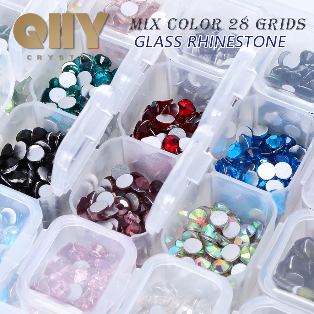 

QIIY Mix Colors 28 Grids Boxed SS6-SS20 Silver Flatback Non Hotfix Crystal Glass Rhinestones For DIY Nail Art