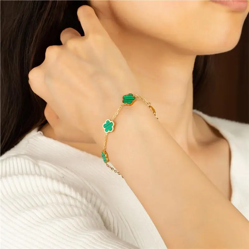 G&D Luxury Green Flower Charm High Quality Gold Color Stainless Steel Clover Bracelet for Women Gift Jewelry Non Fade Party Gift