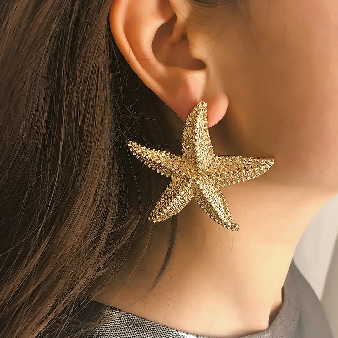 Exaggerated Boho Large Metal Starfish Stud Earrings for Women Ladies Trendy Summer Gold Color Earrings 2023 Fashion Jewelry New