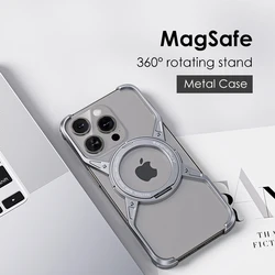 Luxury 360° Rotation Magnetic Stand Metal Phone Case For iPhone 14 15 16 Pro Max Aluminum Alloy Rimless Shockproof Bumper Cover