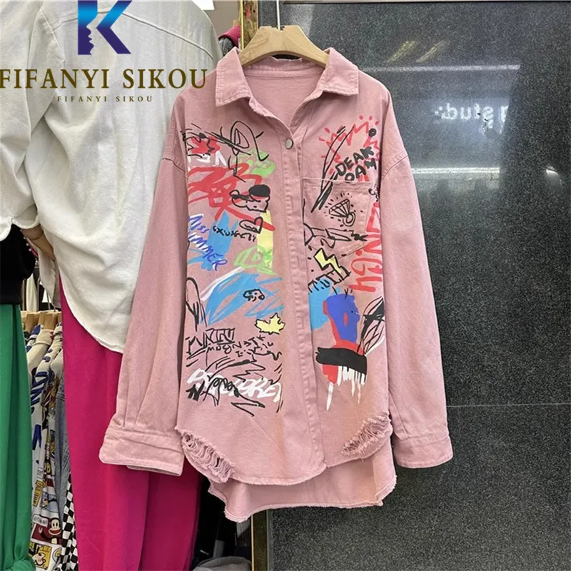 Graffiti Print Denim Jacket Women 2023 Autumn Loose Fashion Ripped Jeans Jacket Asymmetrical Lapel Pink Shirt Jeans Coat Female