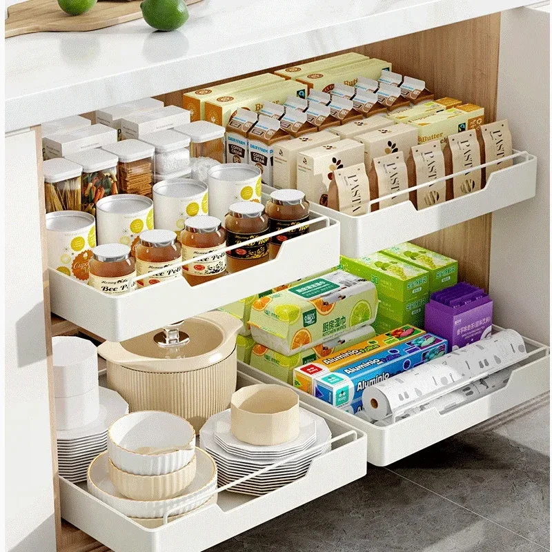 

Pull out Cabinet Organizer Heavy Duty Slide out Pantry Shelves Drawer Storage Sliding Mesh Cabinet Basket for Kitchen Accessorie