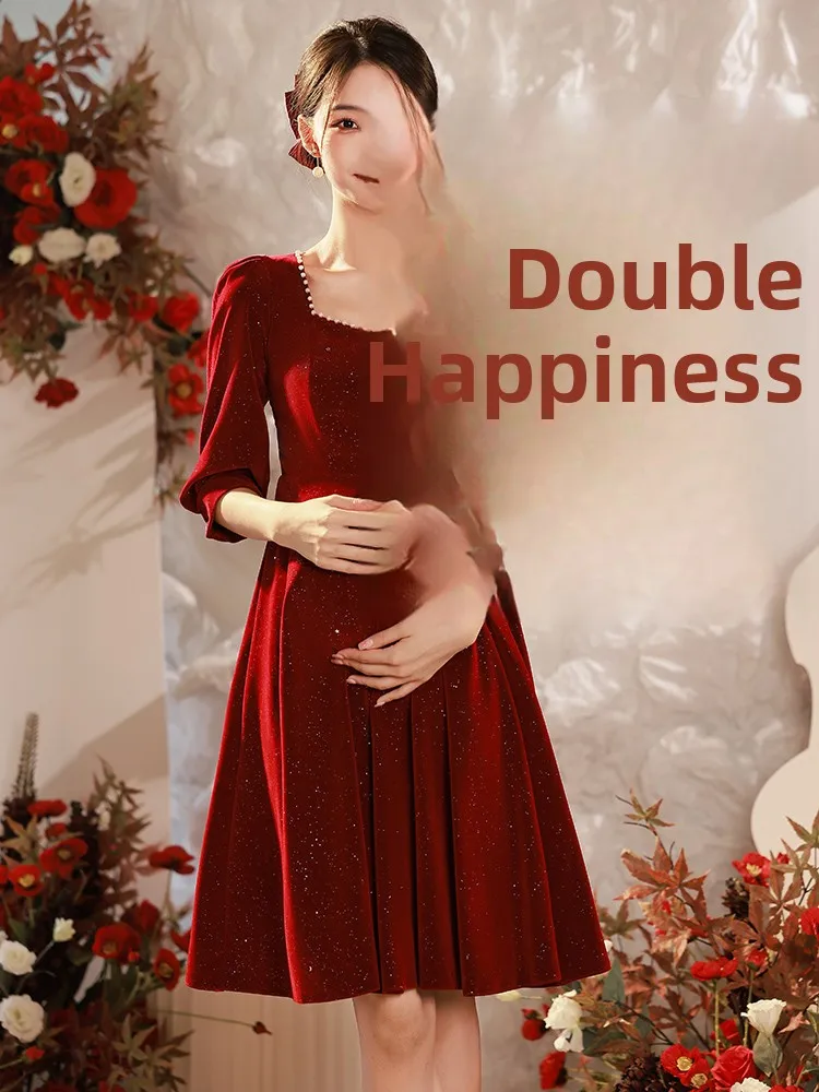 

Materni Wedding Dr Long Sve Red Marriage Gown Mid-Length plus Size Fat MM Return Home Women's Dr Vintage Sle Pea...