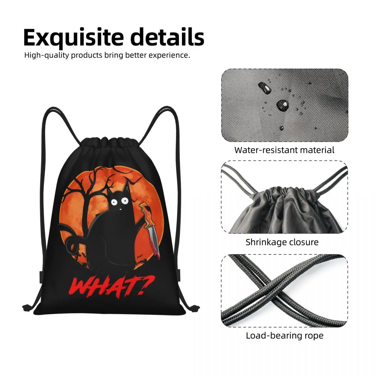 What Funny Black Cat Drawstring Bag  Portable Sports Gym Sackpack Murderous Cat With Knife Halloween Shopping Storage Backpacks