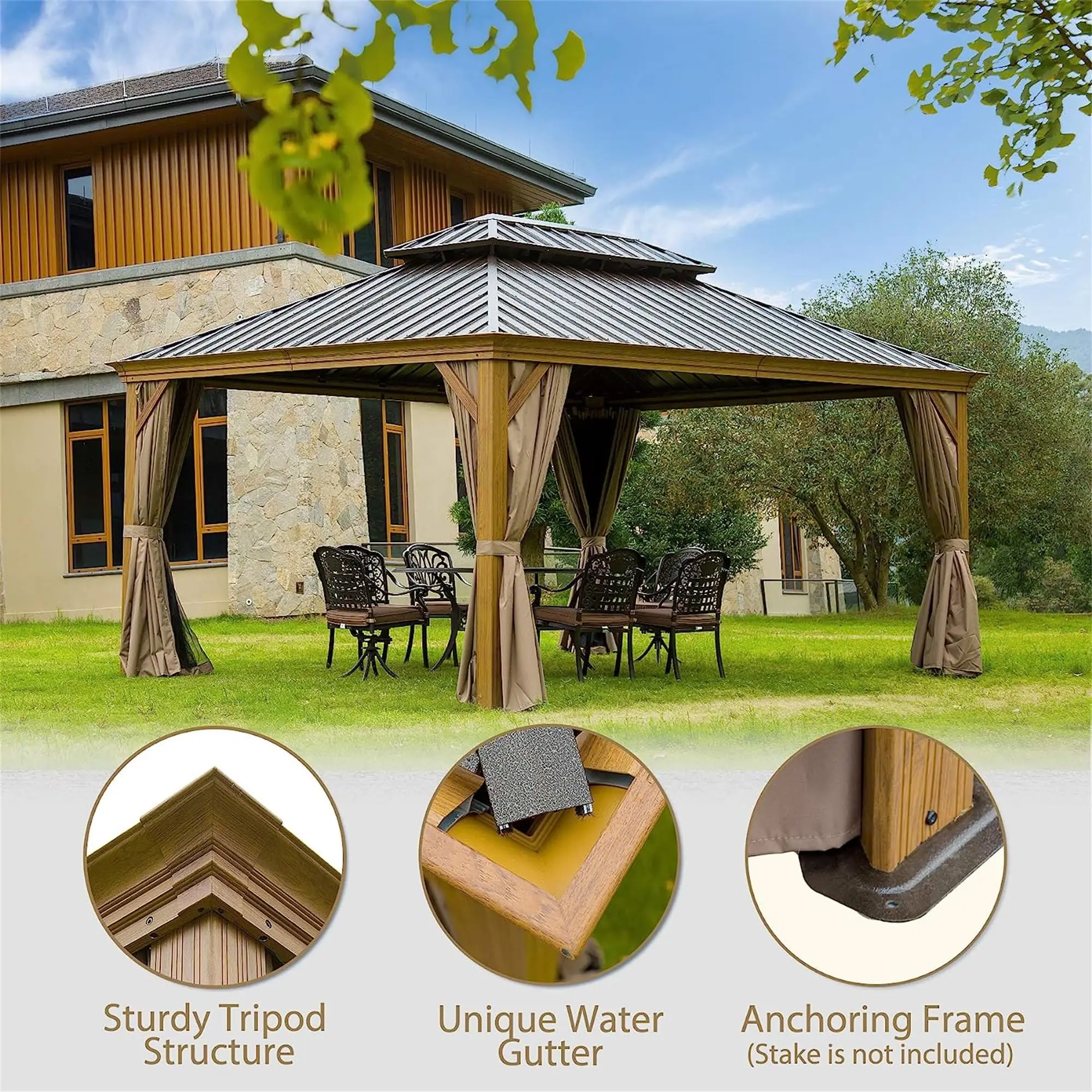 

High Quality Custom Wooden Coated Pavilion Aluminum Frame Canopy Outdoor Hardtop Gazebo Tent With Curtains And Netting