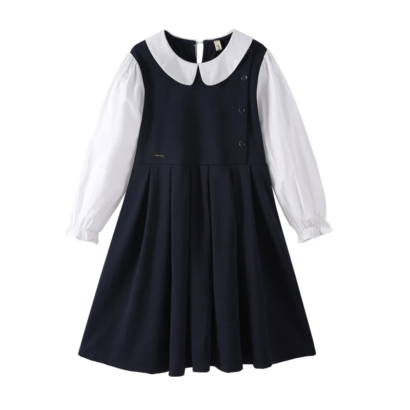 Kids Autumn Clothes College Style Patchwork Fake Two Piece Long Sleeve Princess Dress for Girls Casuan Teen School Child Clothes