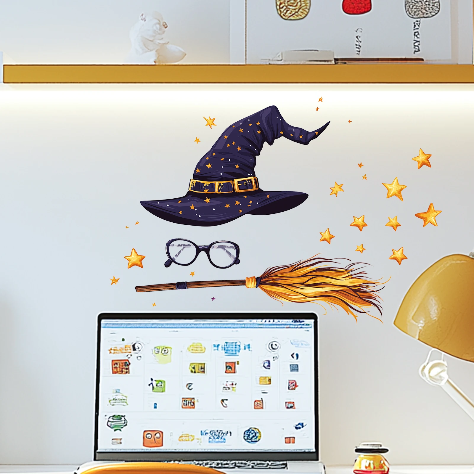 2pcs Vintage Wizard Hat Broom Star Wall Sticker Magical Witch Eyeglasses Wall Decal Removable Peel and Stick Home Decor