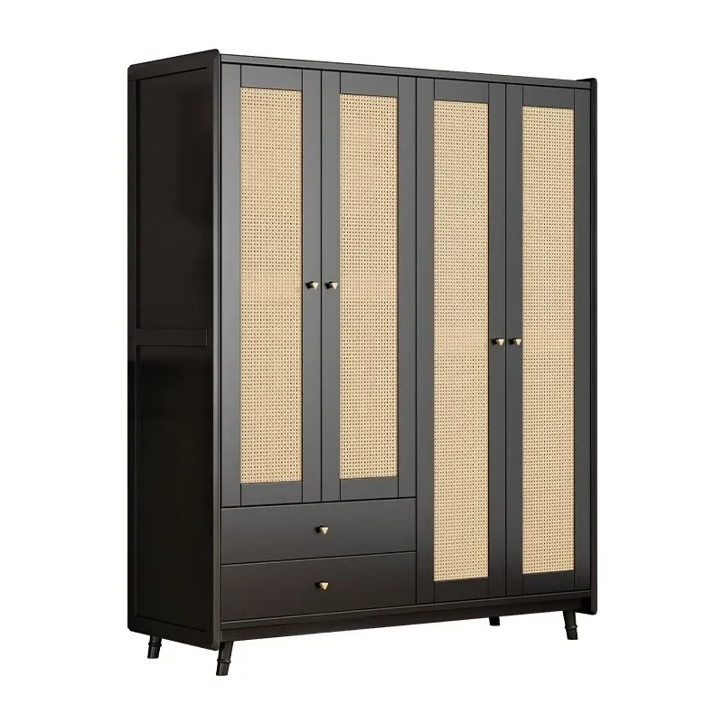 NEWSolid wood wardrobe modern simple home bedroom wabi sabi black rattan wardrobe three four five door wardrobe