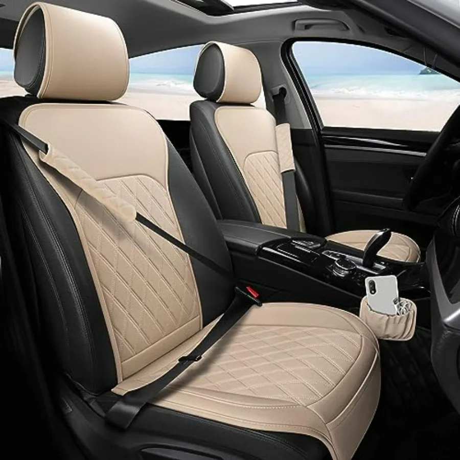 

Front Car Seat Covers - Leather Seat Covers with Storage Pocket and Two Belt Pads Anti-Slip Waterproof Universal Seat Covers fo