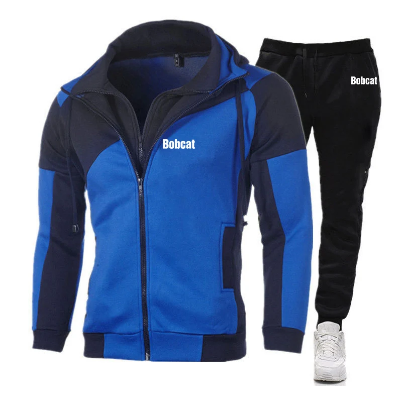 2024 Bobcat Heavy Equipment Men's New Color Matching Diagonal Zipper Designe Hoodies Tracksuit Sporting Casual Tops+Pants Suits