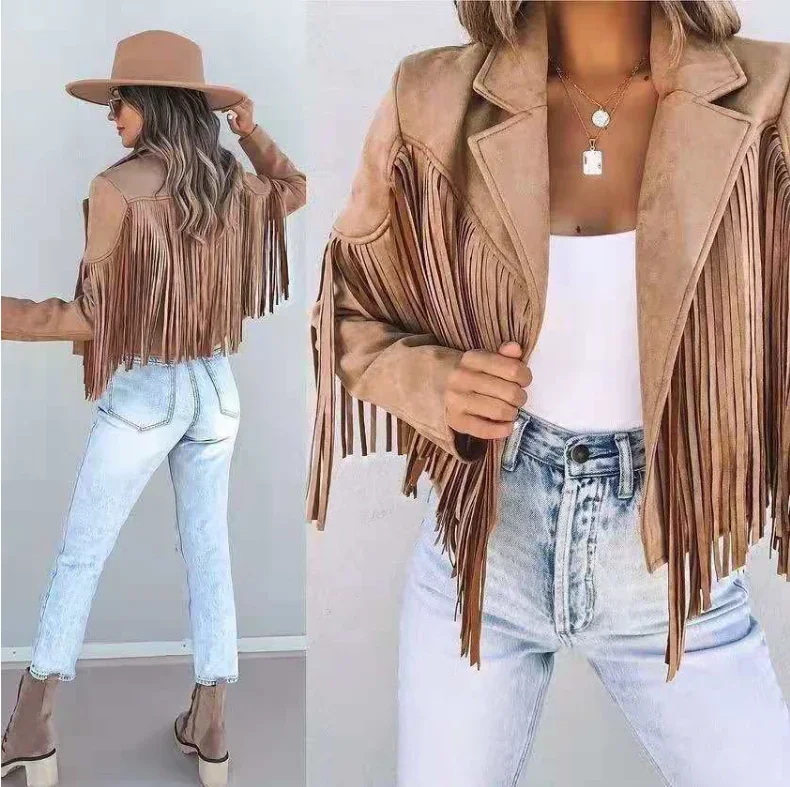 

2023 Autumn Fringed Bomber Jacket Women Spring Fashion Long Sleeve Turn-down Collar Open Stitch Slim Pink Jackets Streetwear