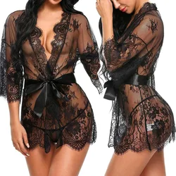 Porno Women Sexy Lingerie Dress Transparent V-Neck Nightwear Lace Babydoll Erotic Sleepwear Robe G-string Sex Costume